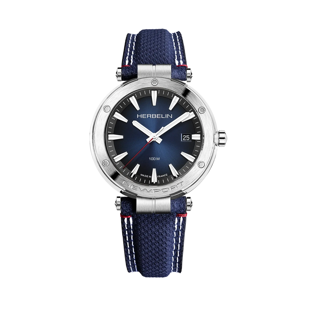 ⁣⁢Newport, esfera azul profundo, caja redonda de acero, brazalete textil⁤⁣