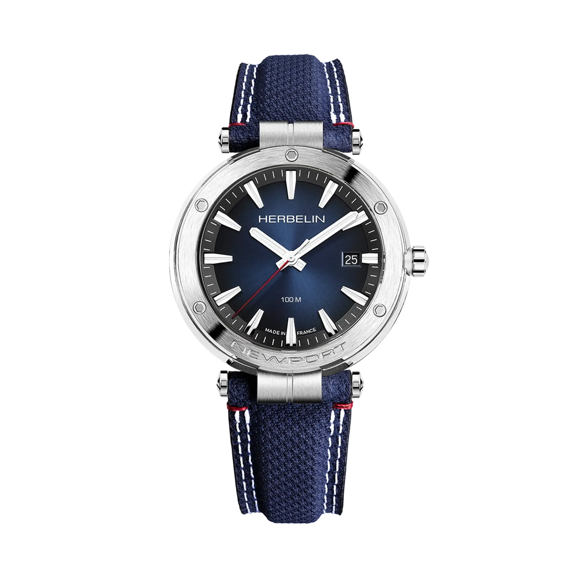 Newport, cadran bleu profond, boîtier acier rond, bracelet textile