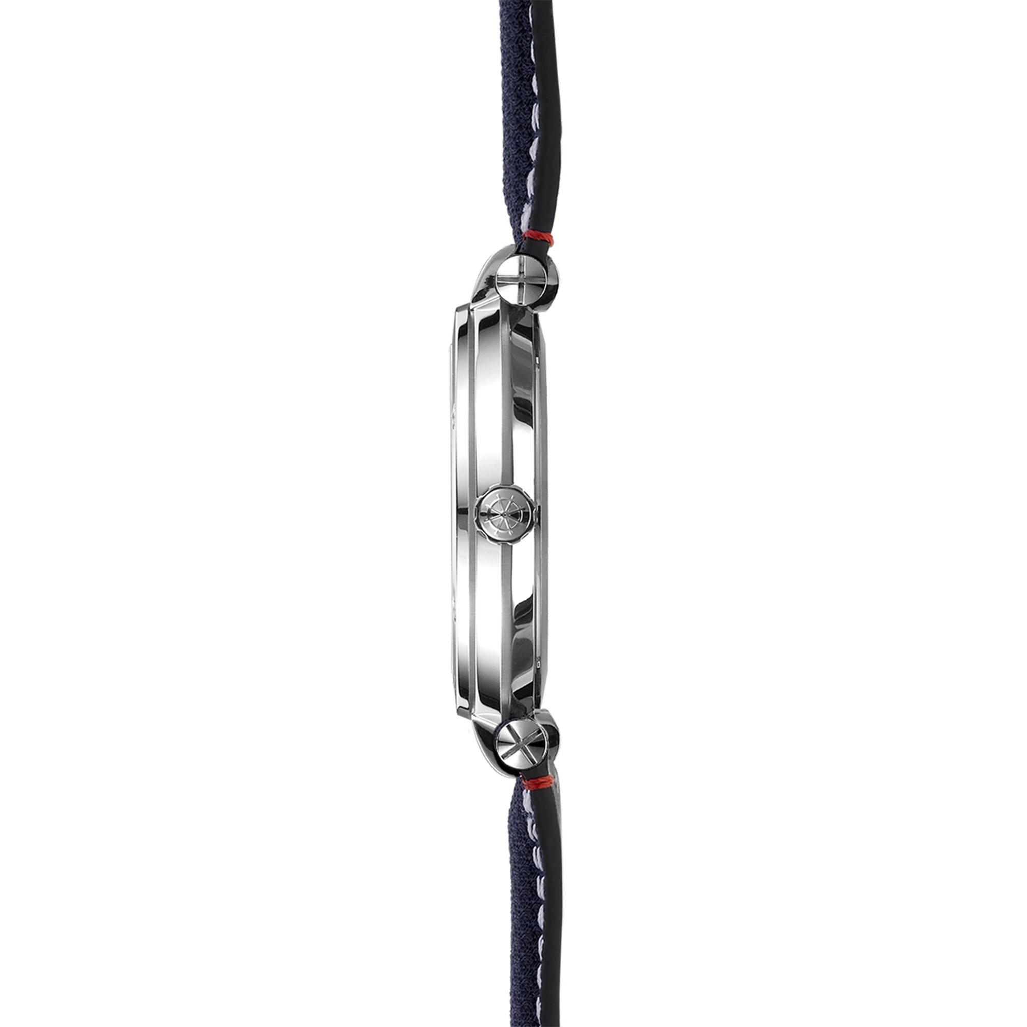 Vue de profil, tranche acier, couronne et attaches du bracelet textile
