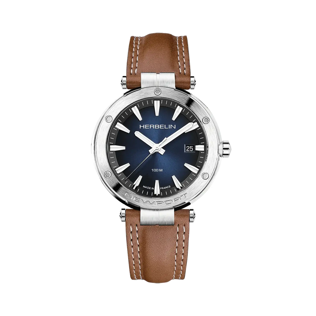 ⁣⁢Newport, blauwe dégradé wijzerplaat, ronde stalen kast, leren band⁤⁣