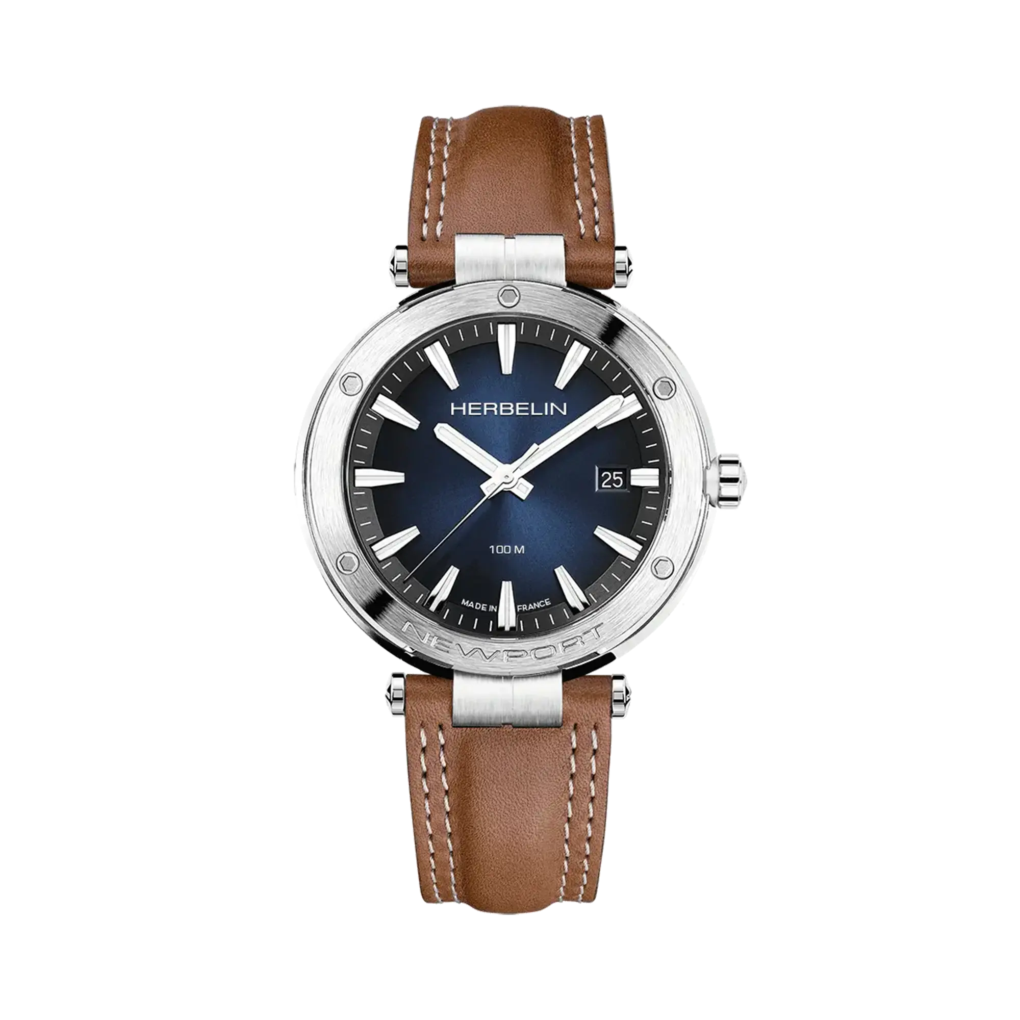 Newport, cadran bleu dégradé, boîtier acier rond, bracelet cuir