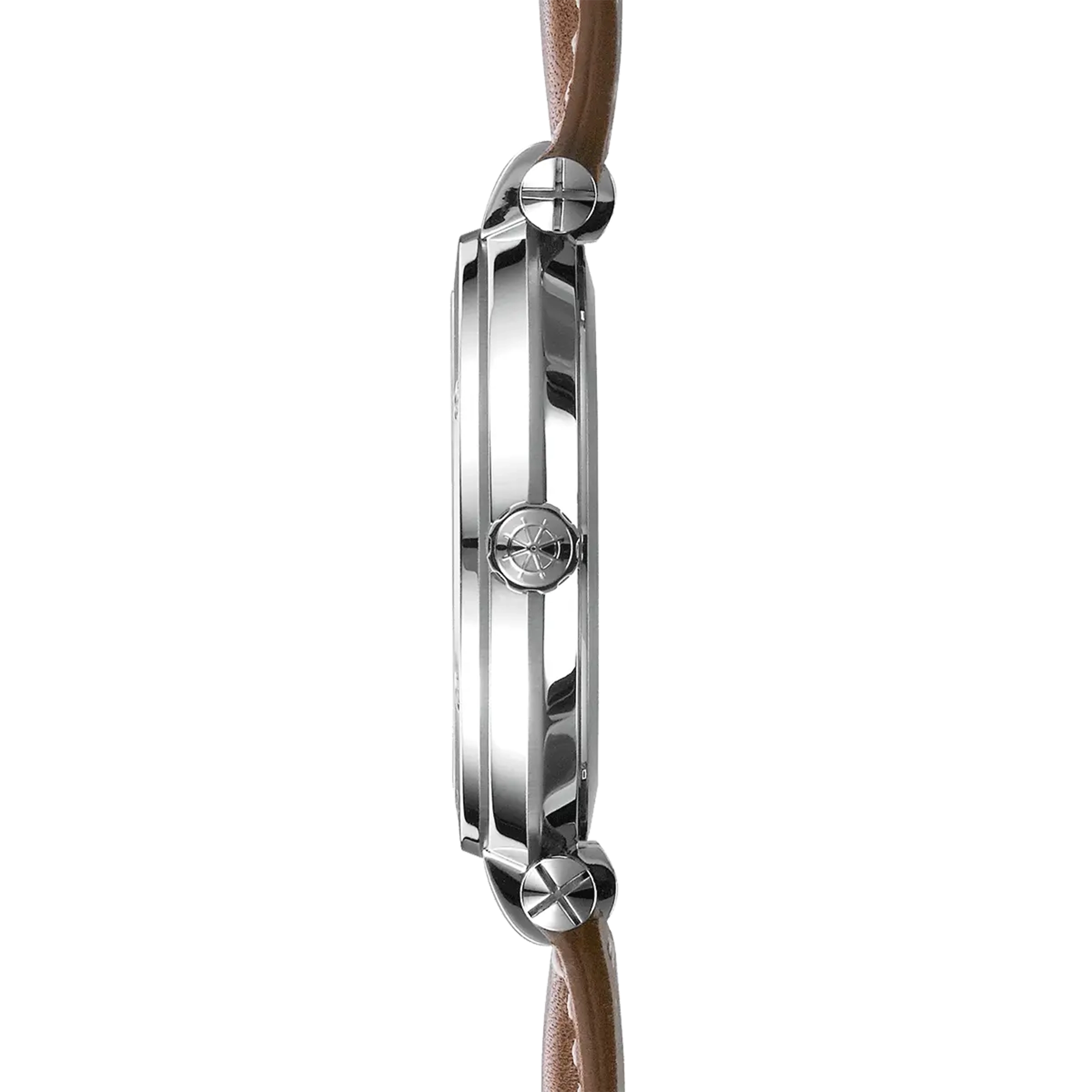 Vue de profil, tranche acier, couronne et attaches du bracelet cuir