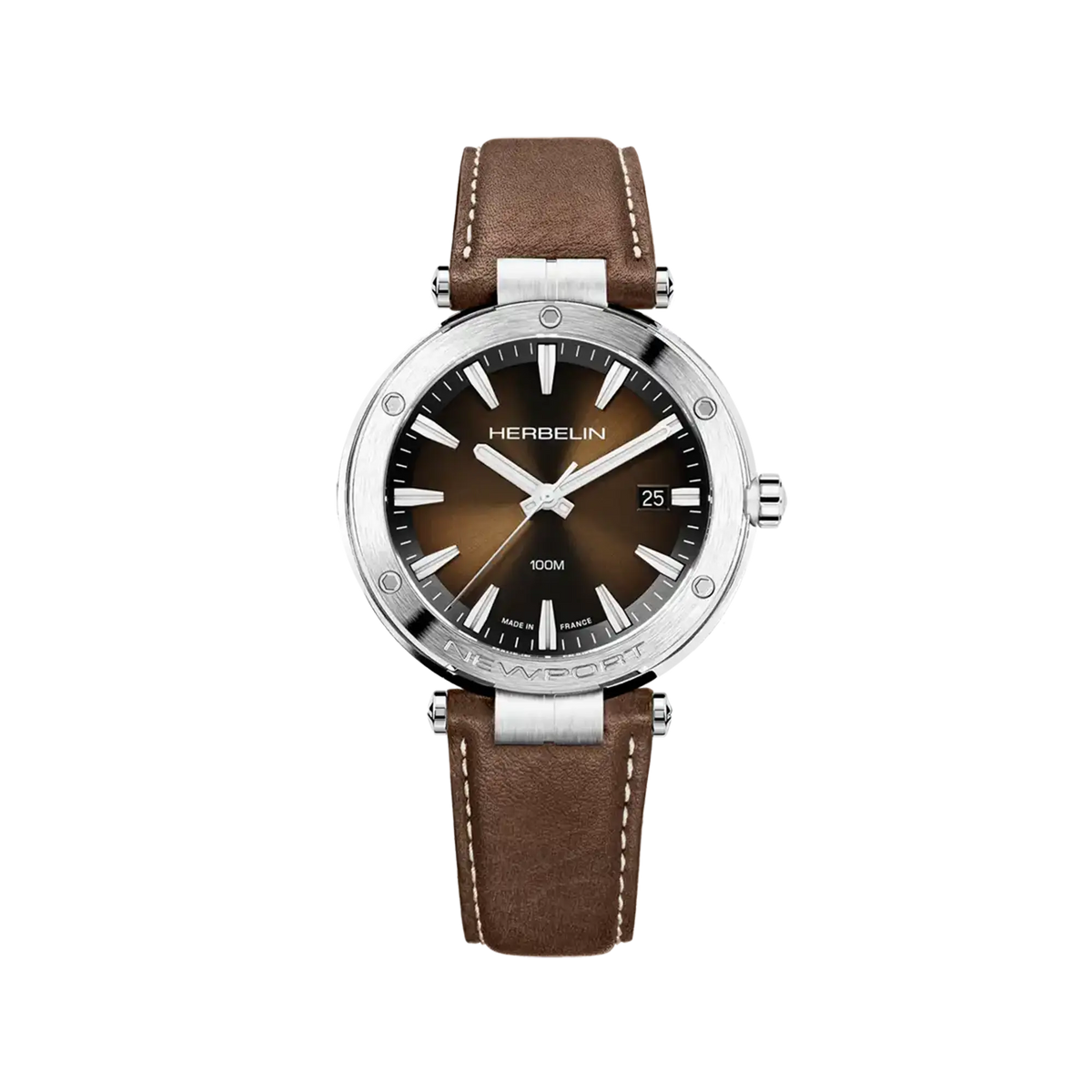 ⁣⁢Newport, quadrante sfumato marrone, cassa in acciaio rotonda, bracciale in pelle⁤⁣