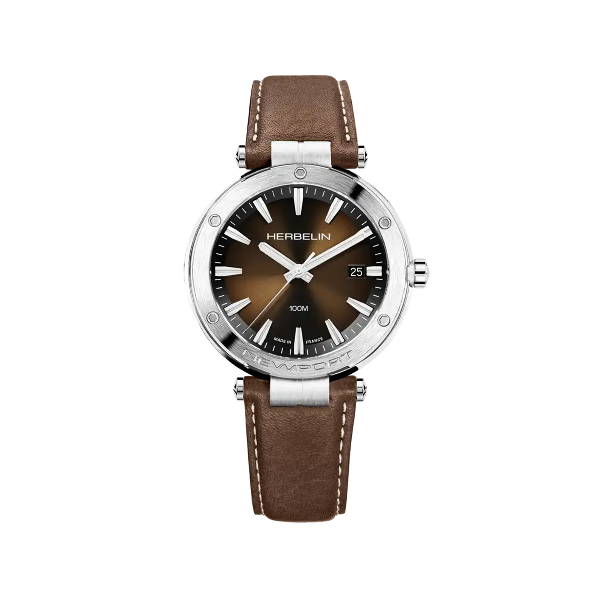 Newport, cadran brun dégradé, boîtier acier rond, bracelet cuir