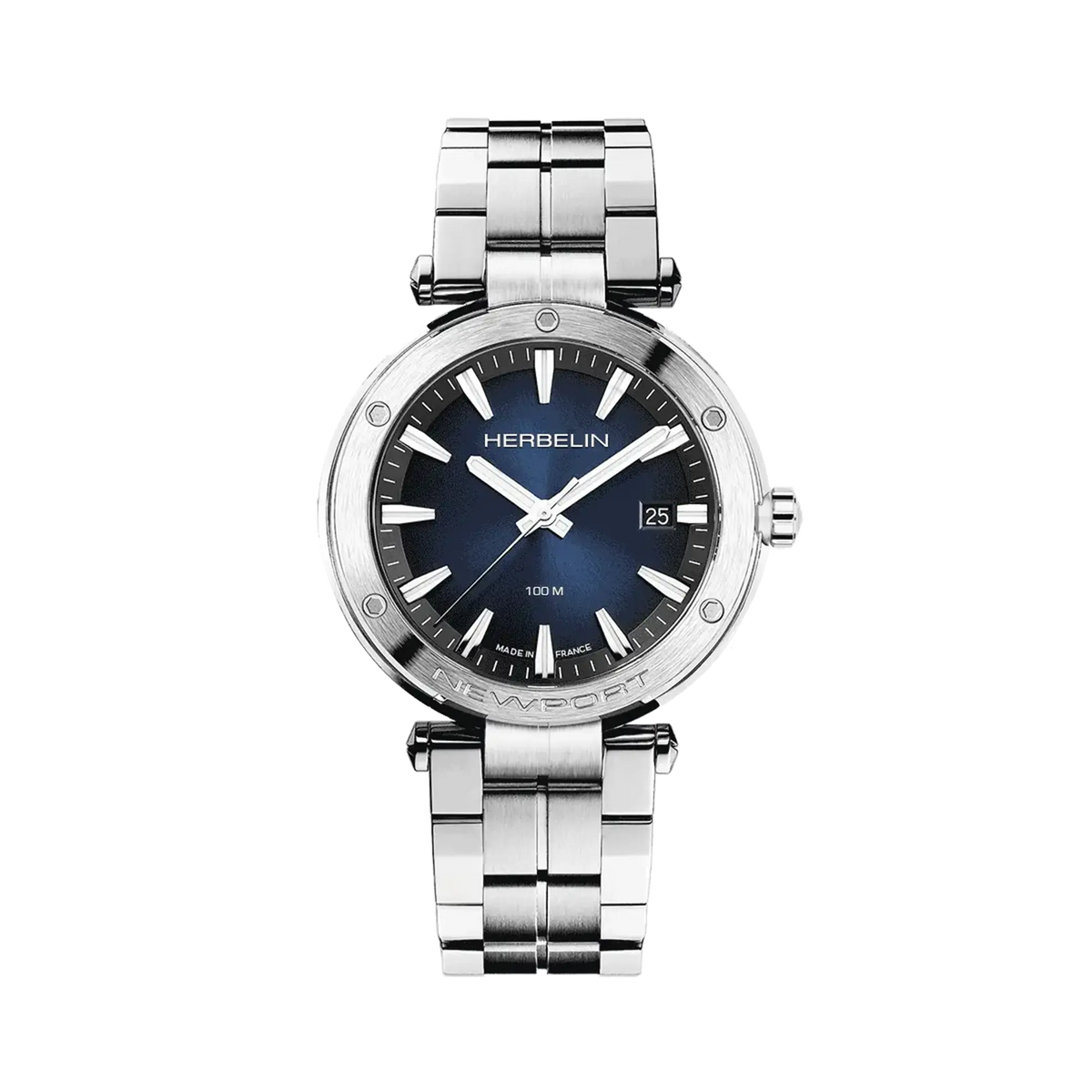 ⁣⁢Newport, esfera azul degradado, caja redonda de acero, brazalete de acero⁤⁣
