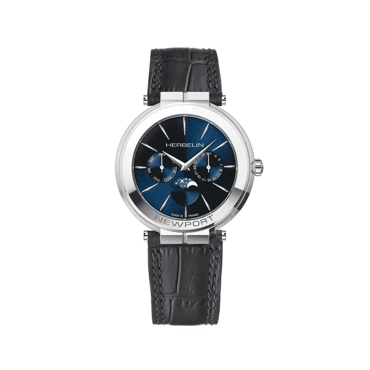 ⁣⁢Newport Mondphase, Zifferblatt tiefblau, rundes Stahlgehäuse, Lederarmband⁤⁣