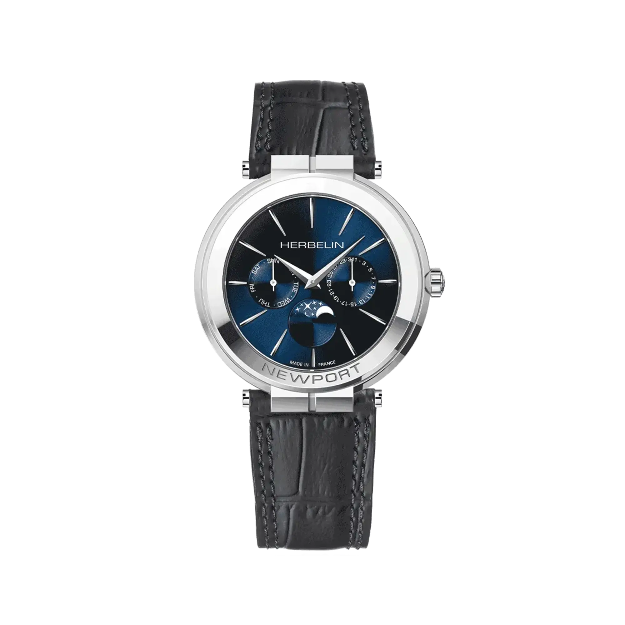 Newport phase de lune, cadran bleu profond, boîtier acier rond, bracelet cuir