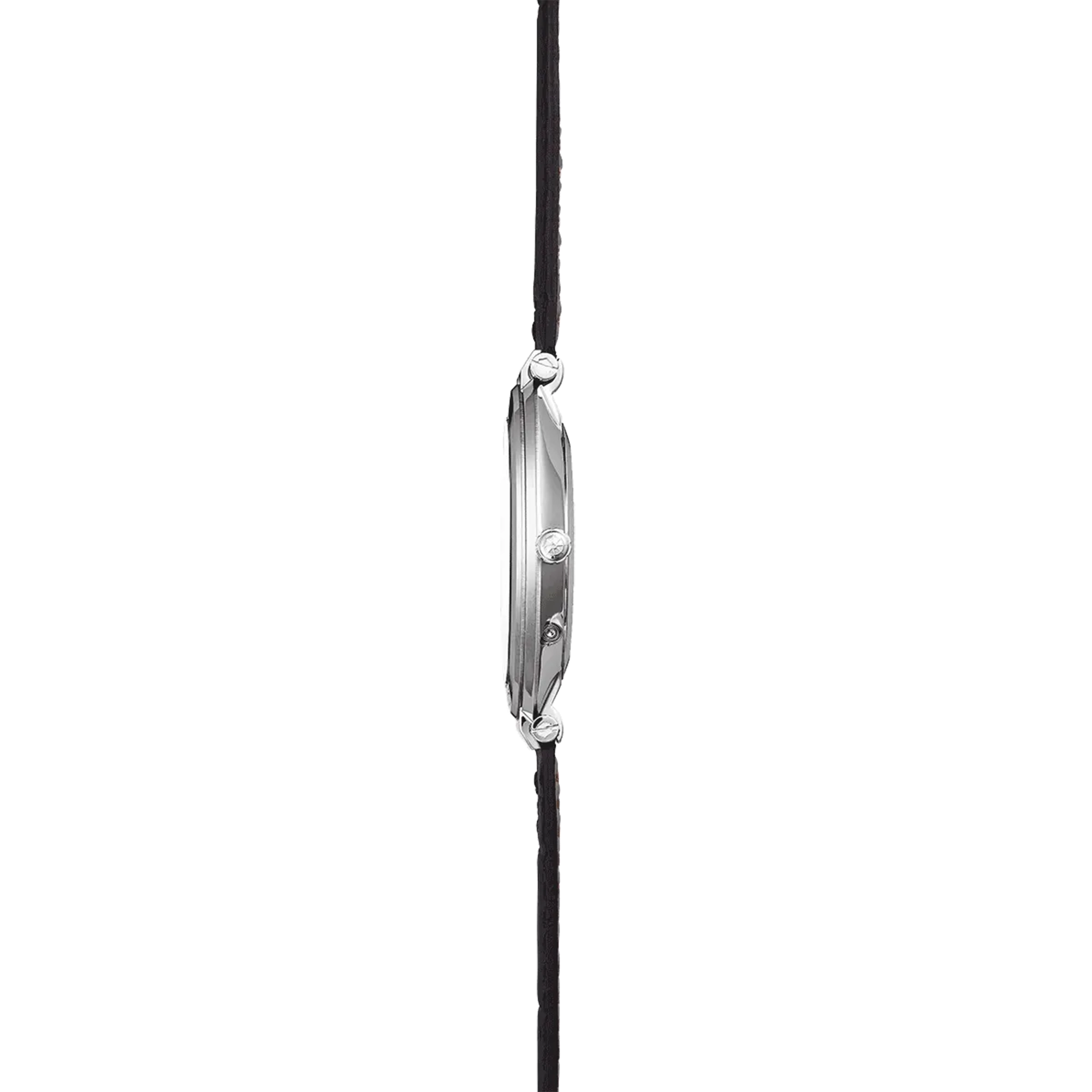 Vue de profil, tranche acier, couronne et attaches du bracelet cuir