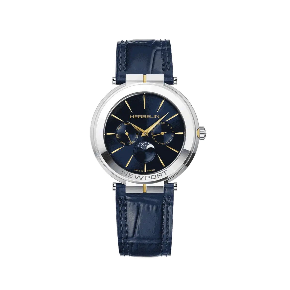 ⁣⁢Newport Mondphase, tiefblaues Zifferblatt, rundes Gehäuse aus Edelstahl mit Gelbgold-PVD, Lederarmband⁤⁣