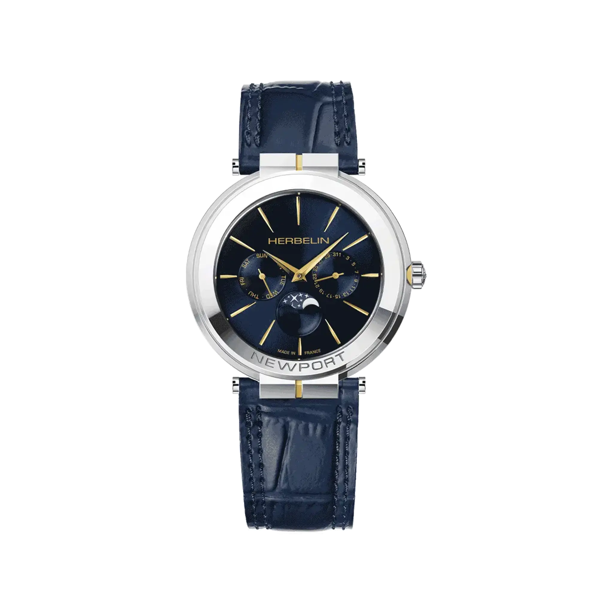 Newport phase de lune, cadran bleu profond, boîtier acier PVD or jaune rond, bracelet cuir