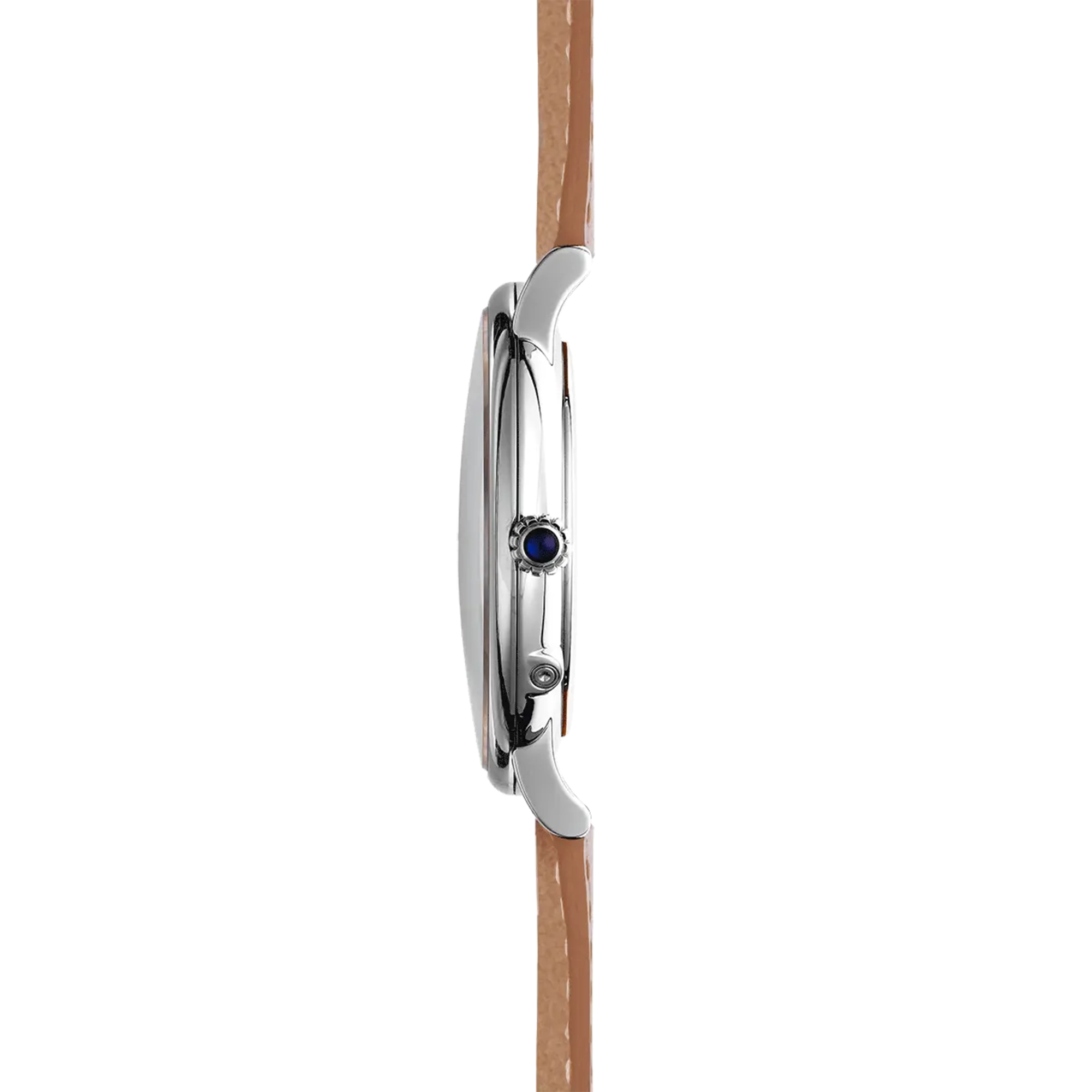 Vue de profil, tranche acier, couronne et attaches du bracelet cuir