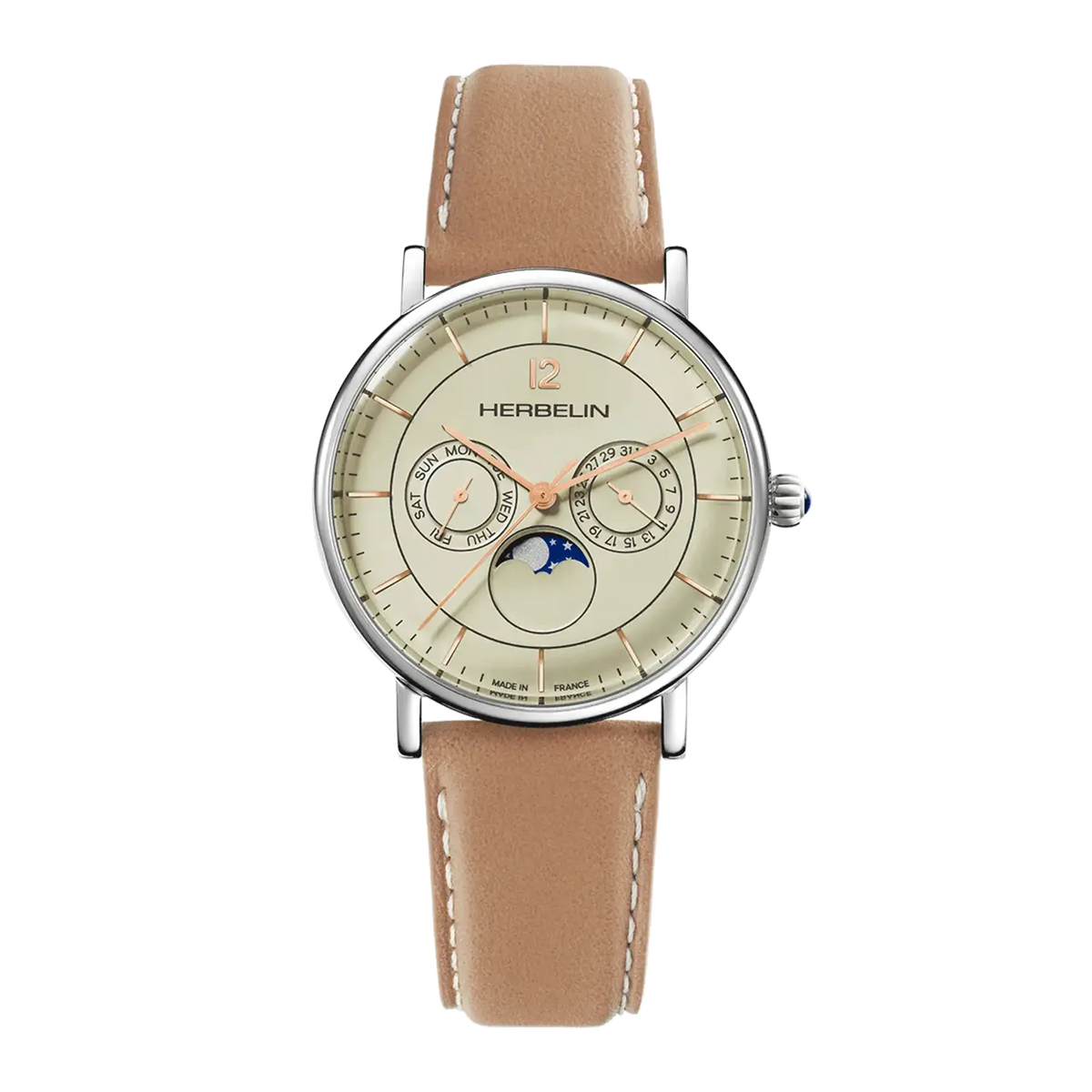 ⁣⁢Inspiration moon phase, eggshell dial, round steel case, leather strap⁤⁣