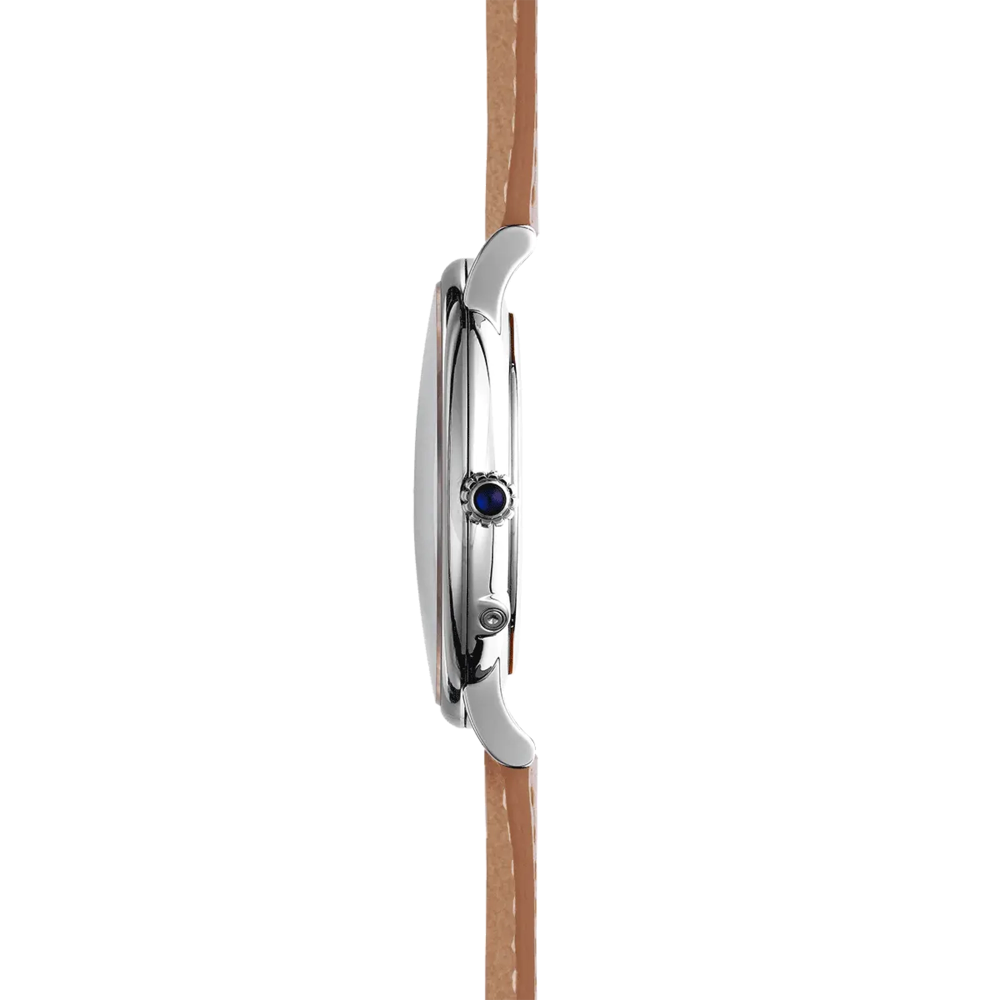 Vue de profil, tranche acier, couronne et attaches du bracelet cuir
