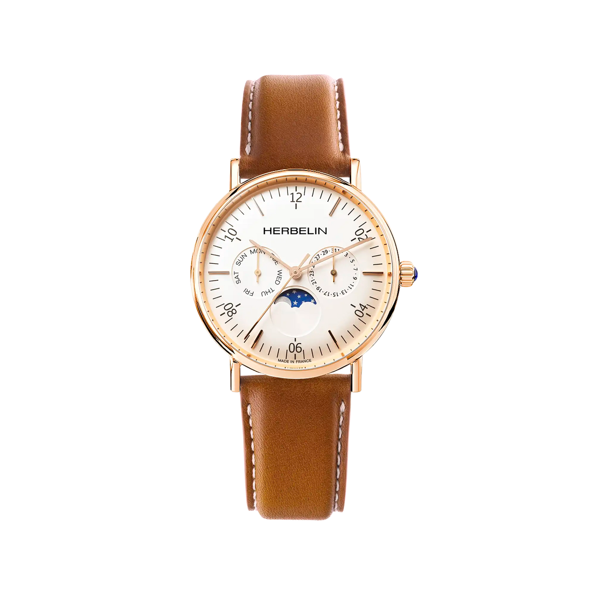 ⁣⁢INSPIRATION Watch - MOON PHASE - ROSE GOLD PVD &amp; GOLD LEATHER - Herbelin⁤⁣