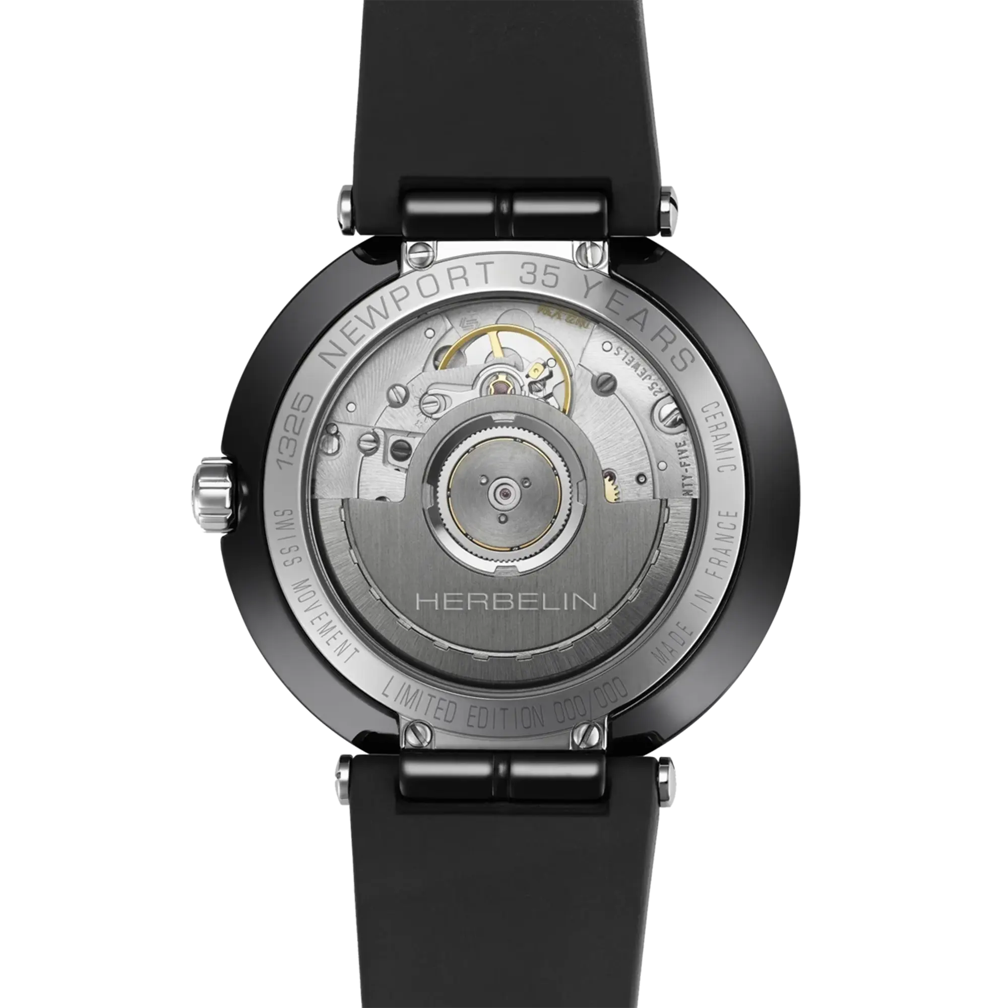 Dos de la Newport, fond céramique avec mécanisme automatique apparent