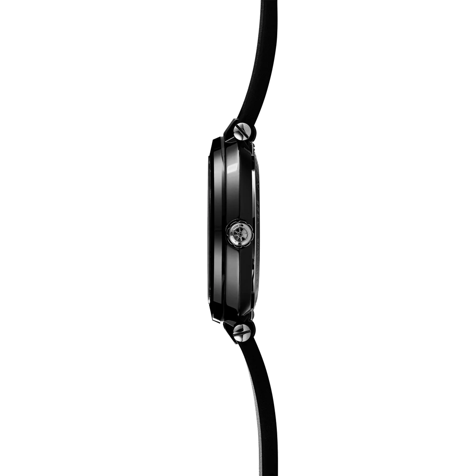 Vue de profil, tranche céramique, couronne et attaches du bracelet caoutchouc
