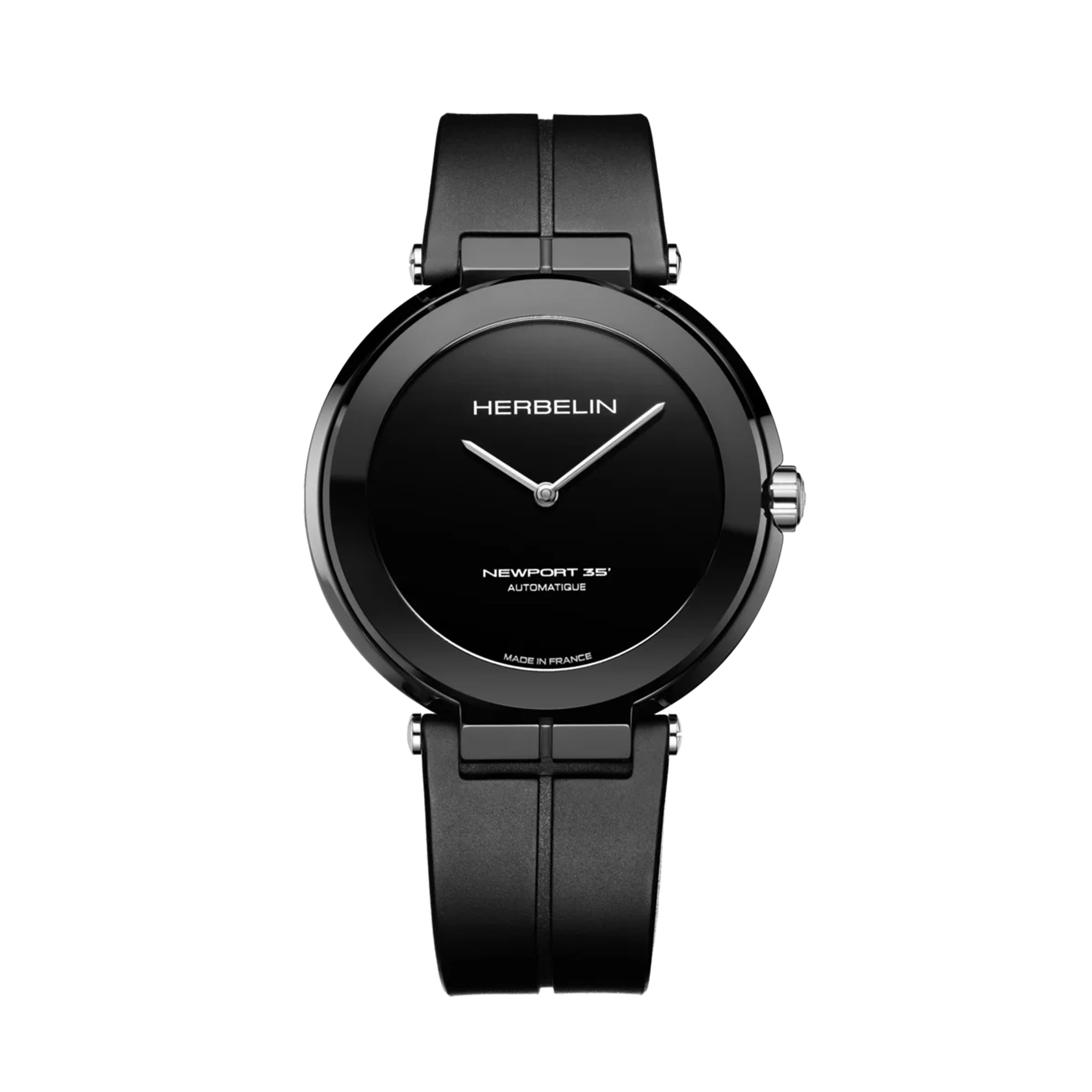 Newport, cadran céramique noire polie, boîtier céramique rond, bracelet caoutchouc