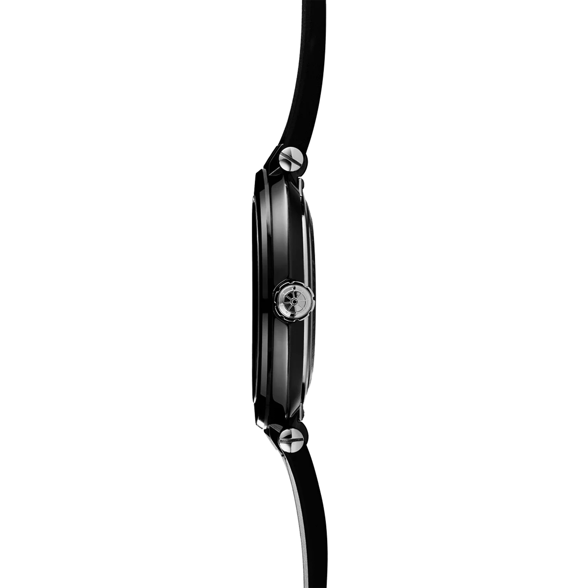 Vue de profil, tranche céramique, couronne et attaches du bracelet caoutchouc