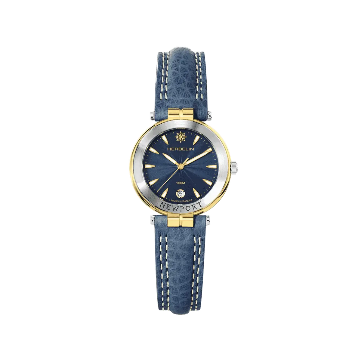 ⁣⁢Newport, blauwe guilloché wijzerplaat, ronde roestvrijstalen PVD geelgouden kast, lederen band⁤⁣
