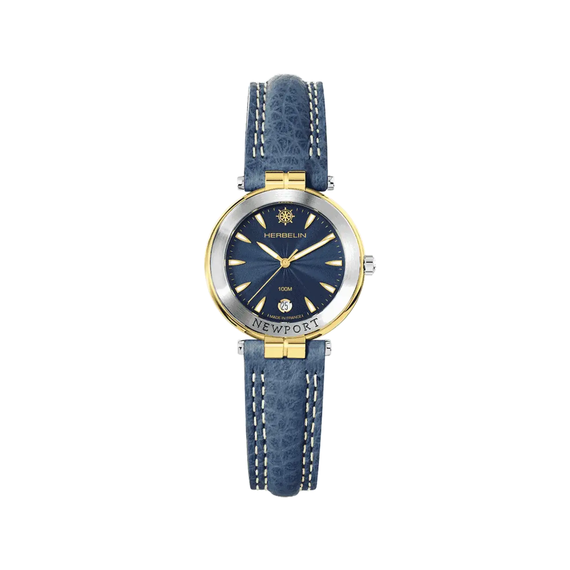 Newport, cadran bleu guilloché, boîtier acier PVD or jaune rond, bracelet cuir
