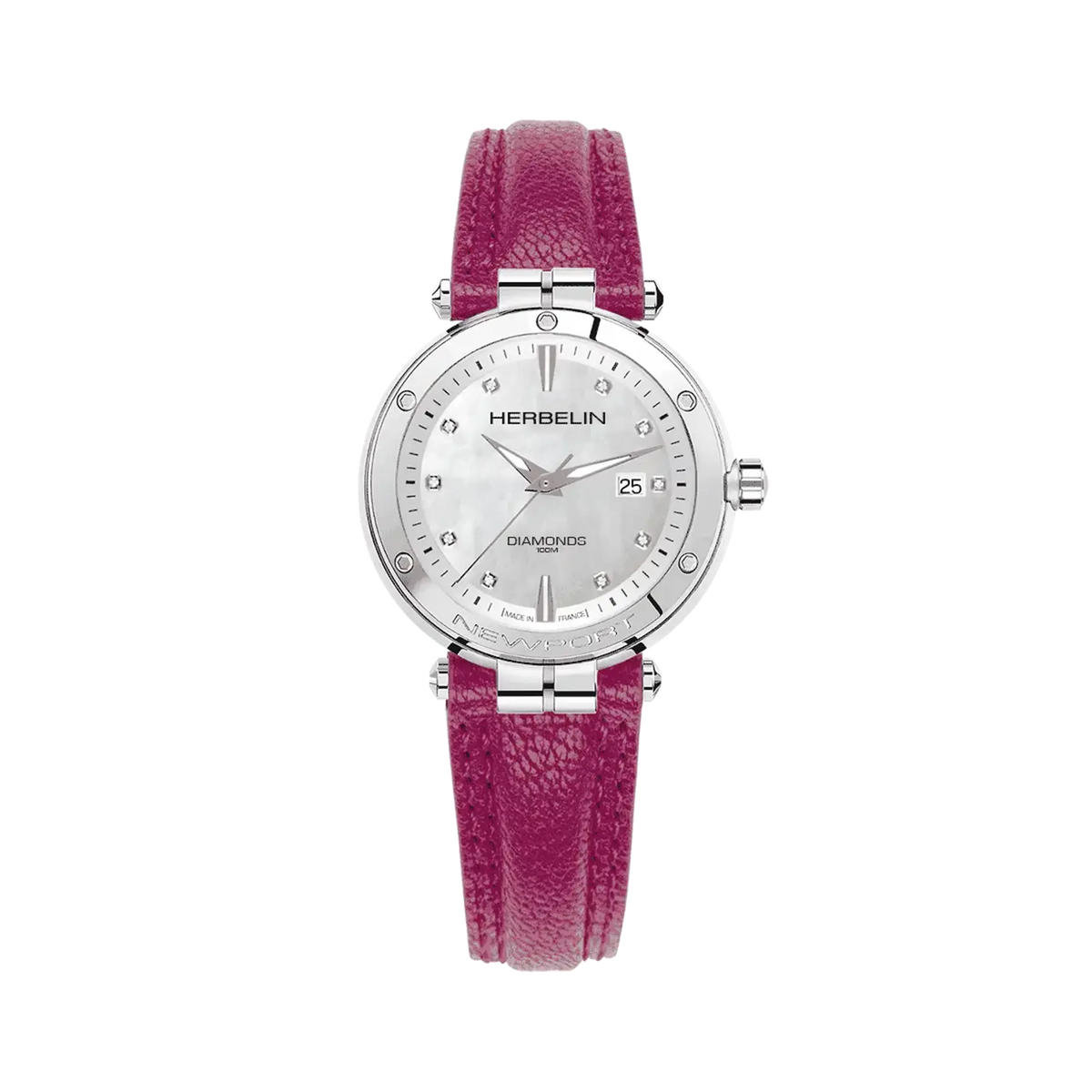 ⁣⁢Newport, quadrante madreperla bianca, cassa acciaio tonda, bracciale in pelle⁤⁣