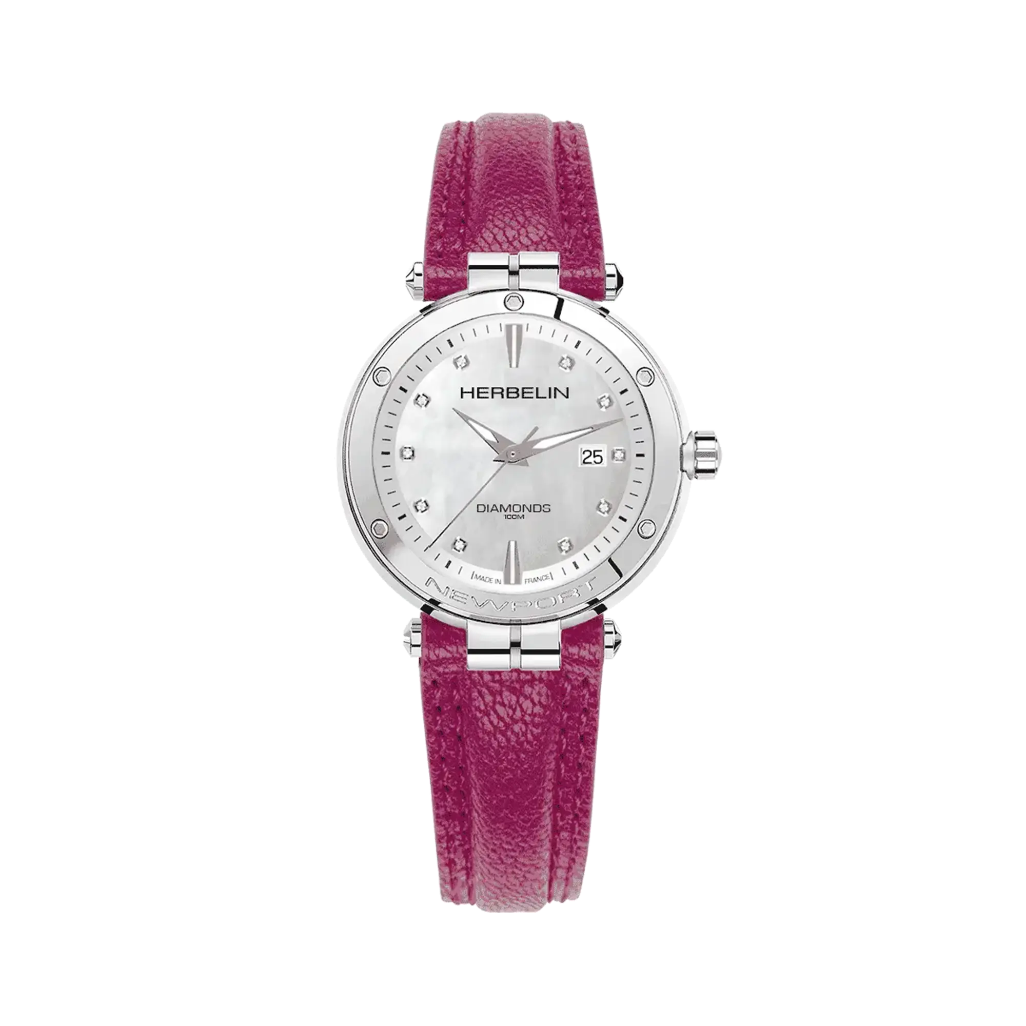 Newport, cadran nacre blanche, boîtier acier rond, bracelet cuir