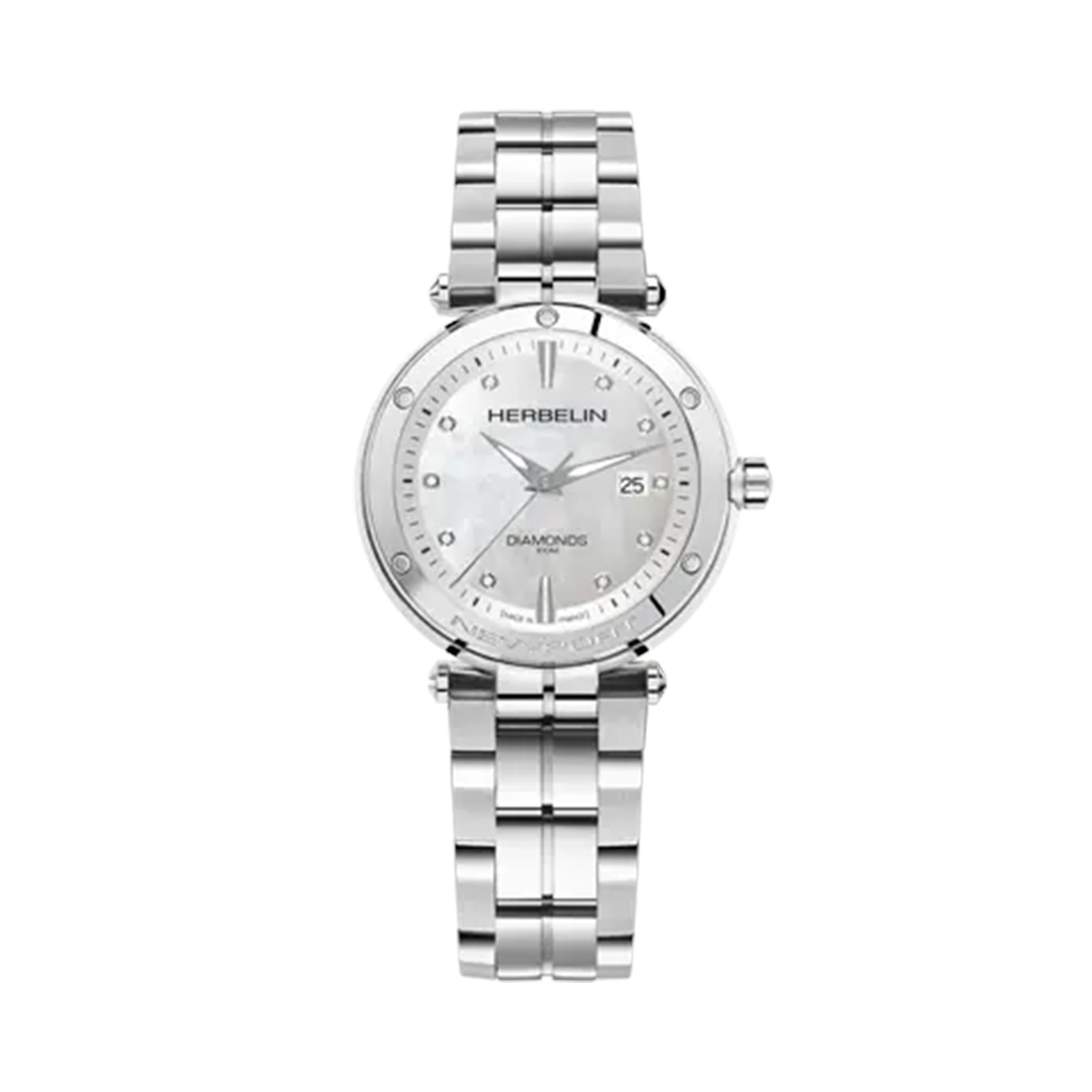 Newport, cadran nacre blanche, boîtier acier rond, bracelet acier