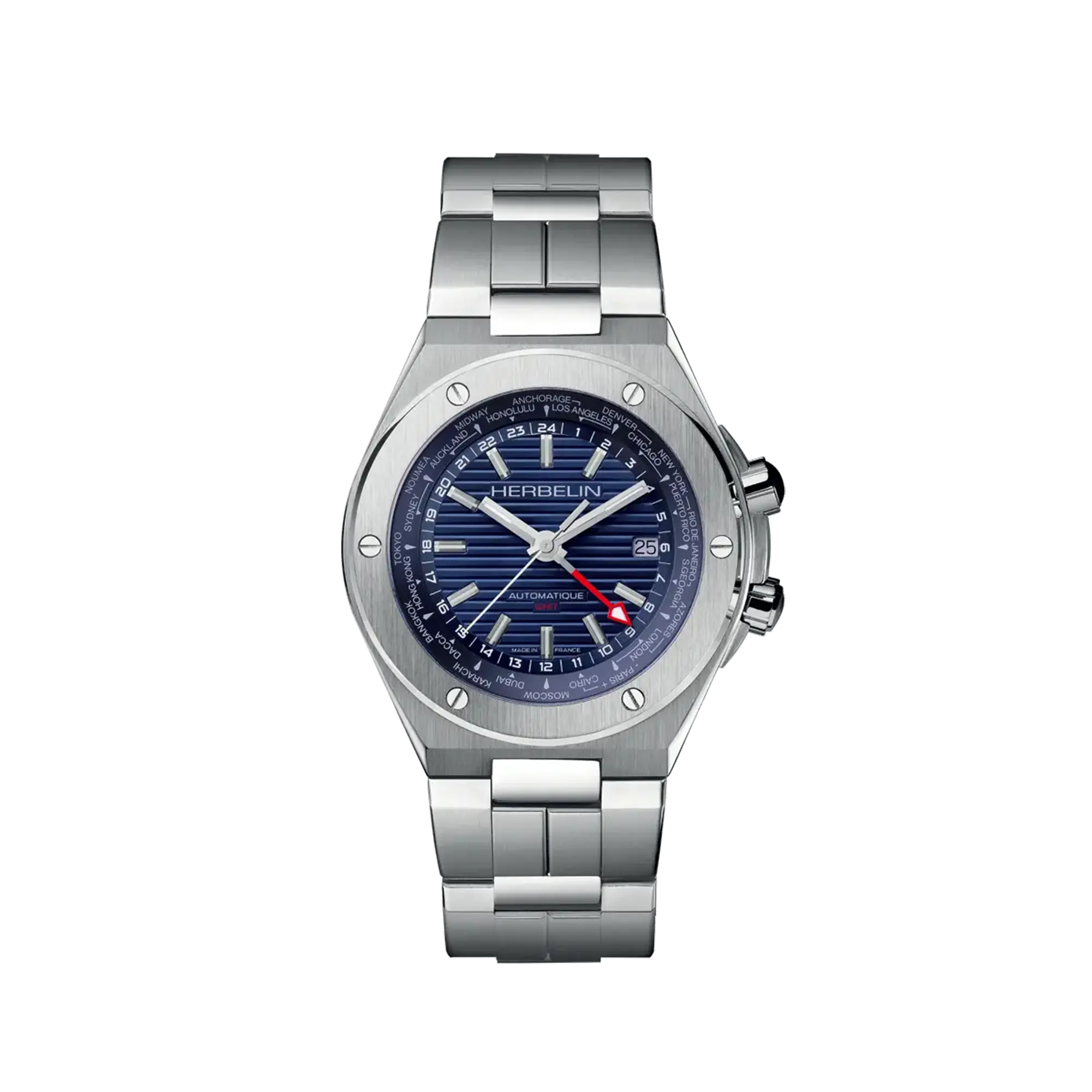 Cap Camarat GMT, cadran bleu, boîtier acier rond, bracelet acier
