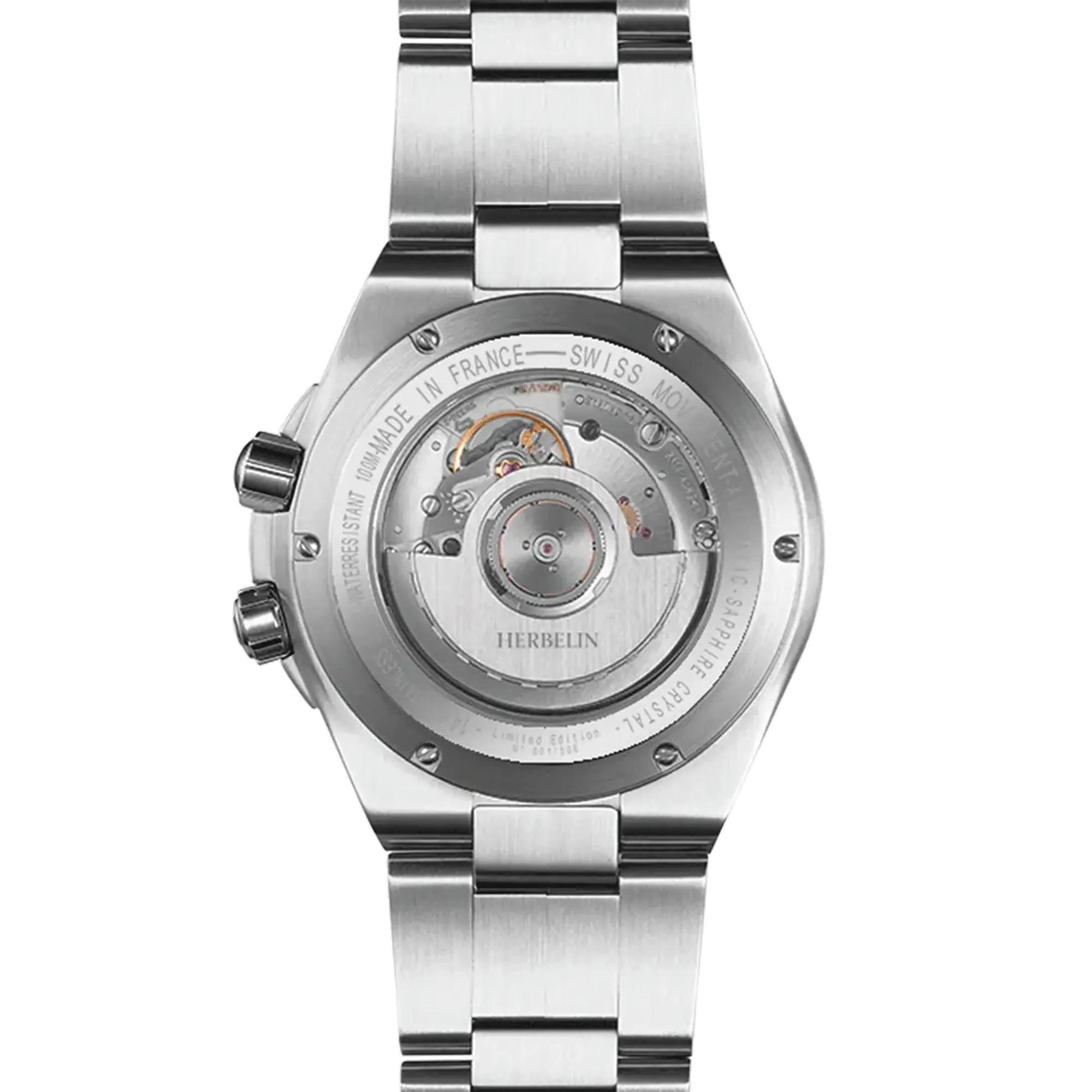 Dos de la Cap Camarat GMT, fond acier avec mécanisme automatique apparent