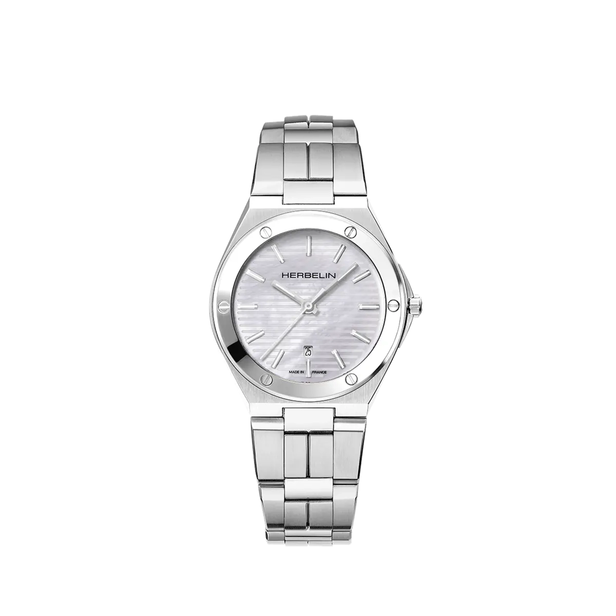 Cap Camarat, cadran nacre blanche, boîtier acier rond, bracelet acier