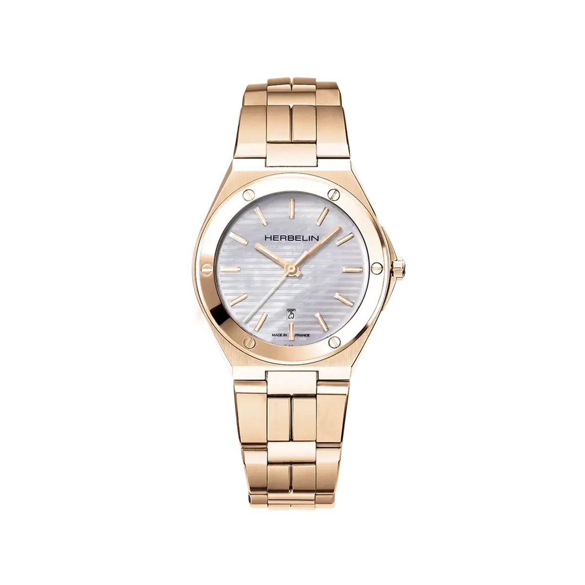⁣⁢Cap Camarat, esfera de nácar blanco, caja de acero PVD oro rosa redonda, brazalete de acero PVD oro rosa⁤⁣