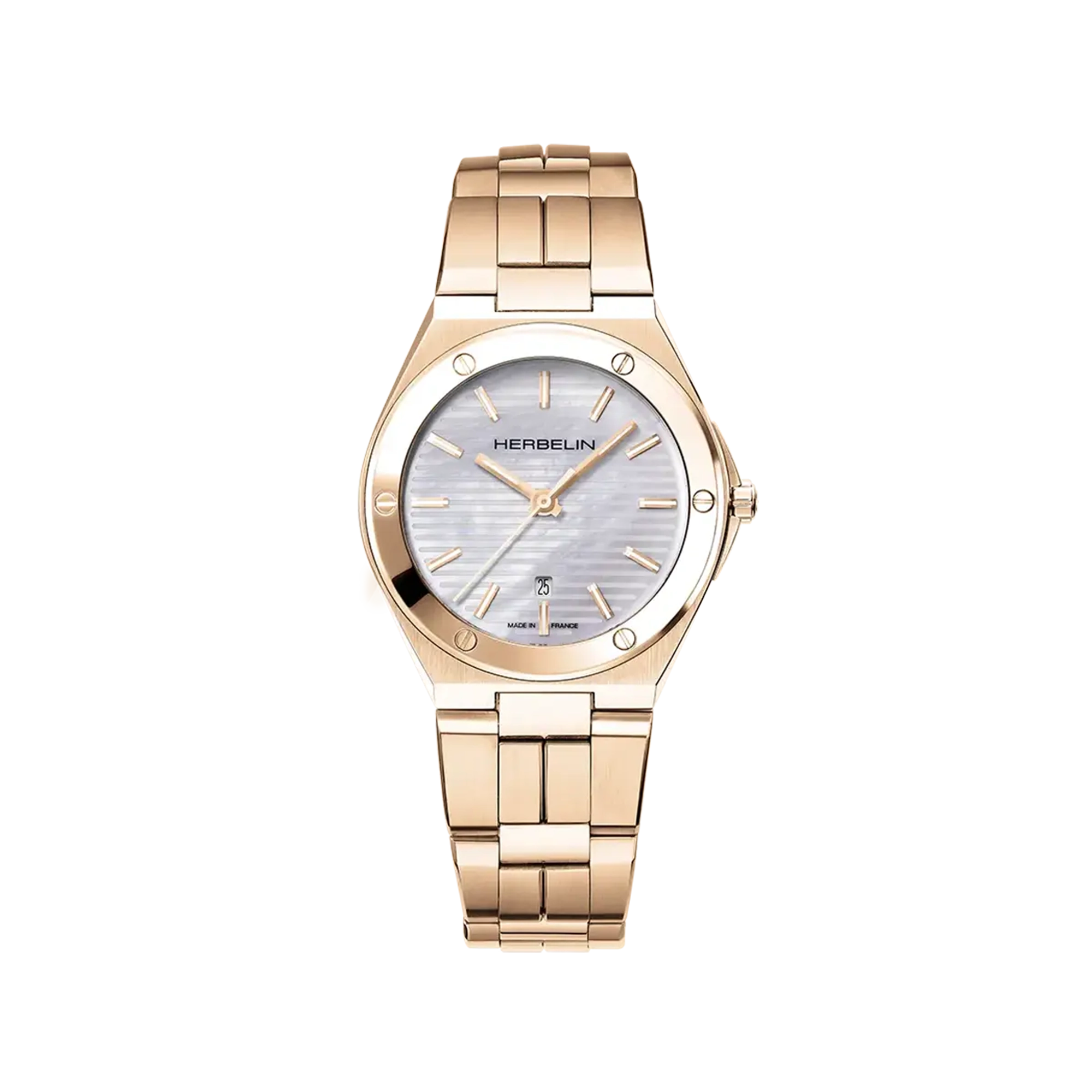 Cap Camarat, cadran nacre blanche, boîtier acier PVD or rose rond, bracelet acier PVD or rose