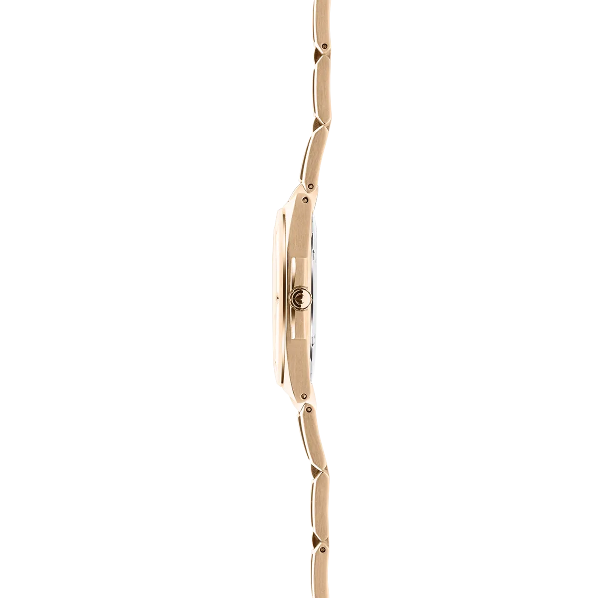 Vue de profil, tranche acier PVD or rose, couronne et attaches du bracelet acier PVD or rose