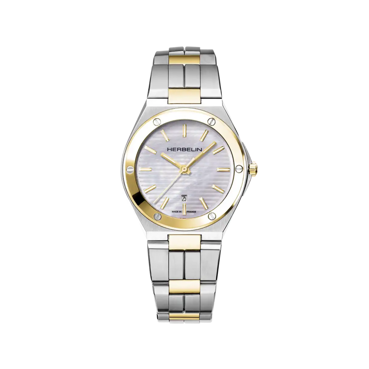 ⁣⁢Cap Camarat, white mother-of-pearl dial, round yellow gold PVD steel case, two-tone steel bracelet⁤⁣