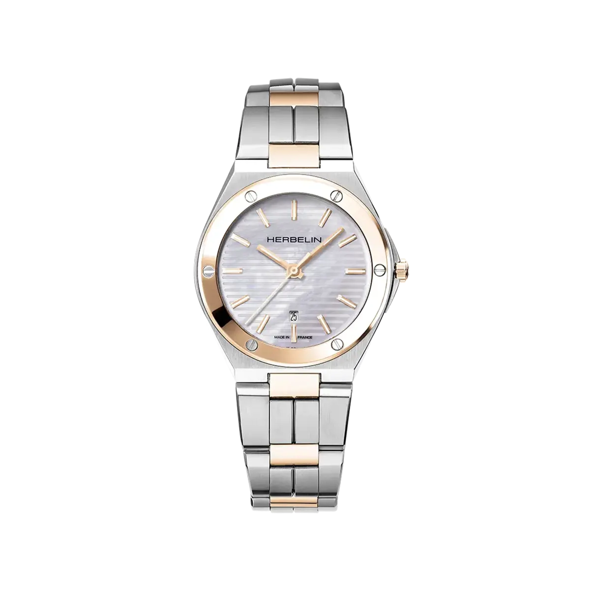 Cap Camarat, cadran nacre blanche, boîtier acier PVD or rose rond, bracelet acier PVD or rose