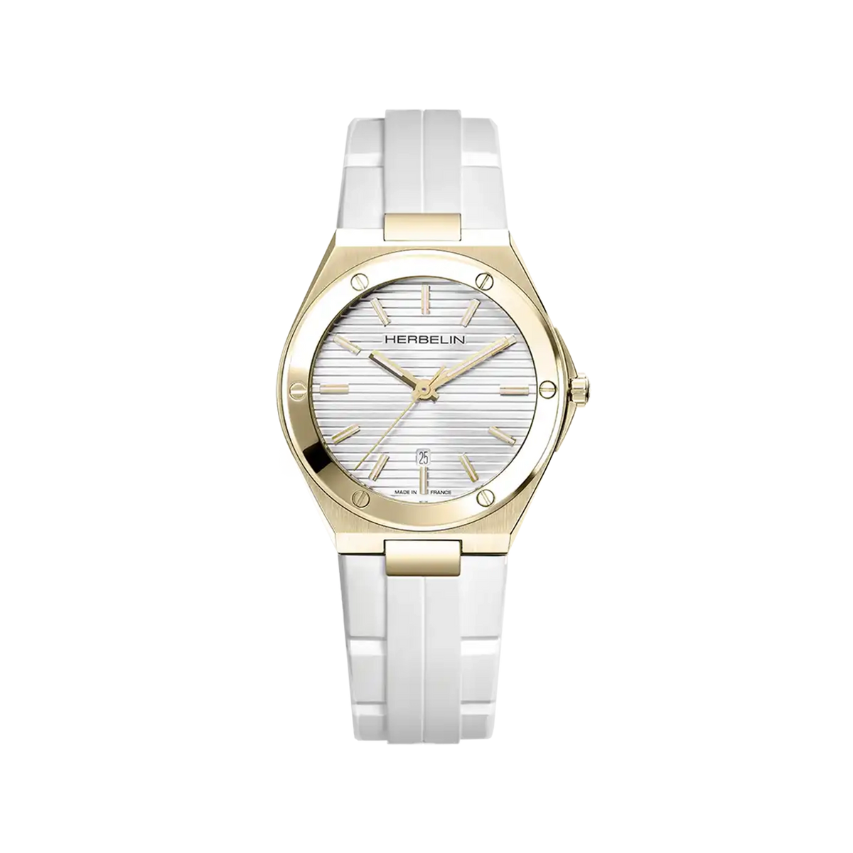 ⁣⁢Cap Camarat, white silver dial, round yellow gold PVD steel case, rubber strap⁤⁣