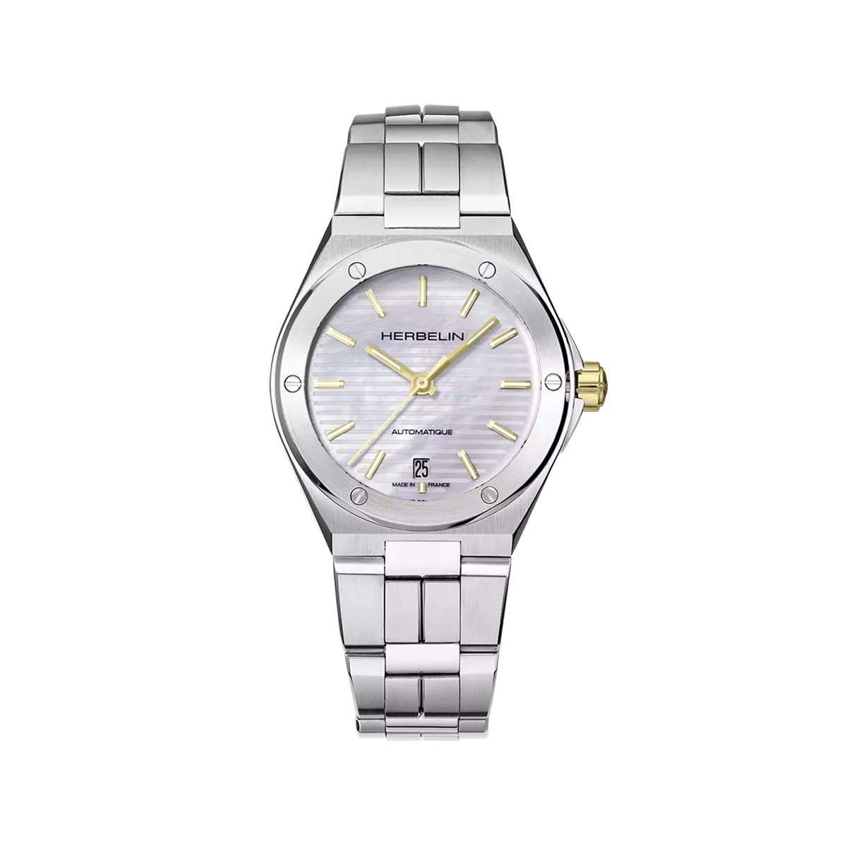 ⁣⁢Cap Camarat, esfera nácar blanco, caja acero redonda, brazalete acero⁤⁣