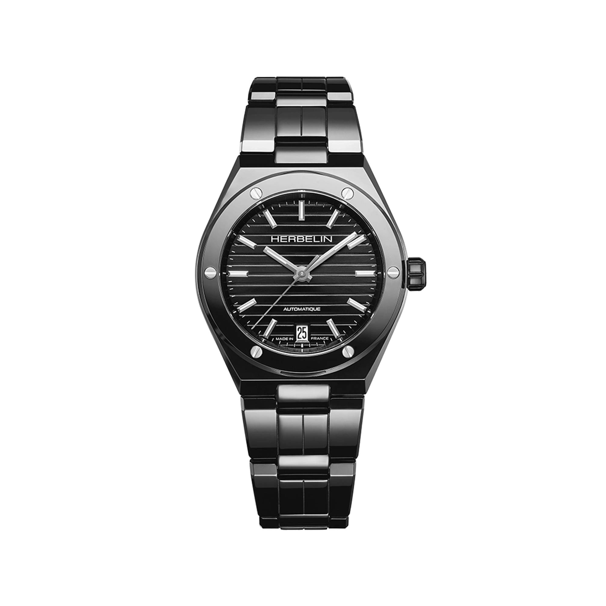 Cap Camarat, cadran noir poli, boîtier céramique rond, bracelet céramique