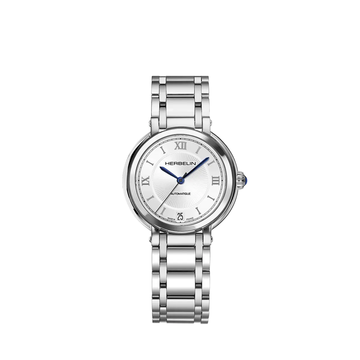 ⁣⁢Galet, esfera plateada guilloché, caja de acero redonda, brazalete de acero⁤⁣