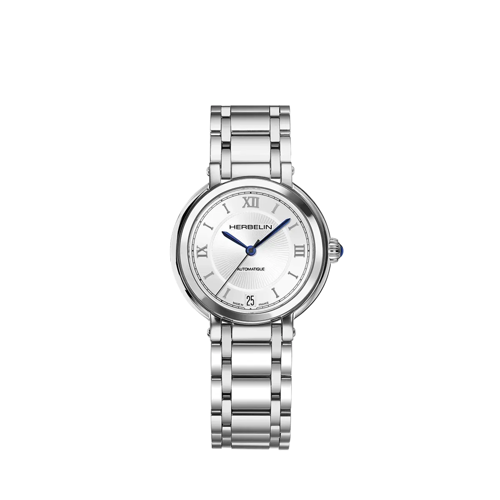 Galet, cadran argent guilloché, boîtier acier rond, bracelet acier