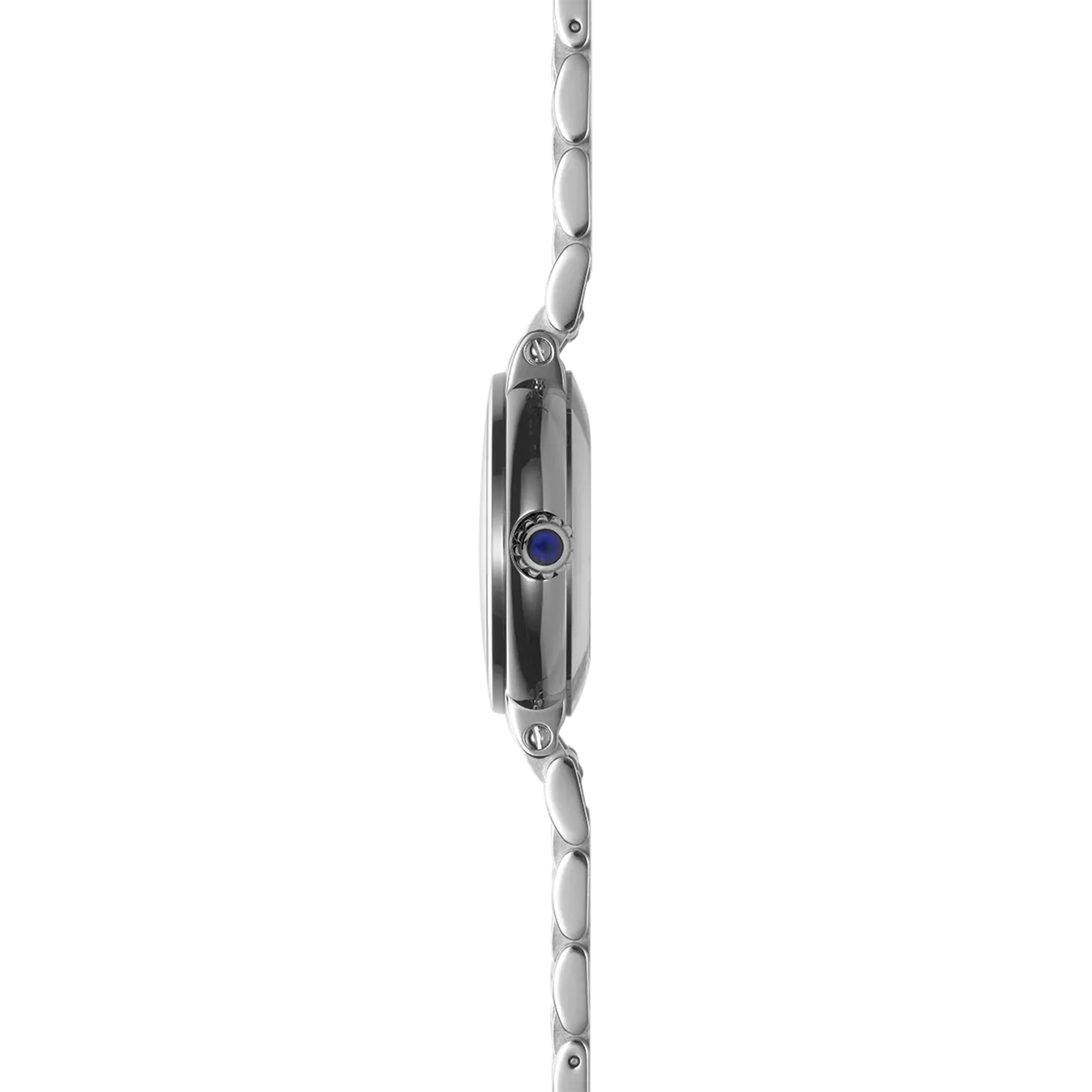 Vue de profil, tranche acier, couronne et attaches du bracelet acier