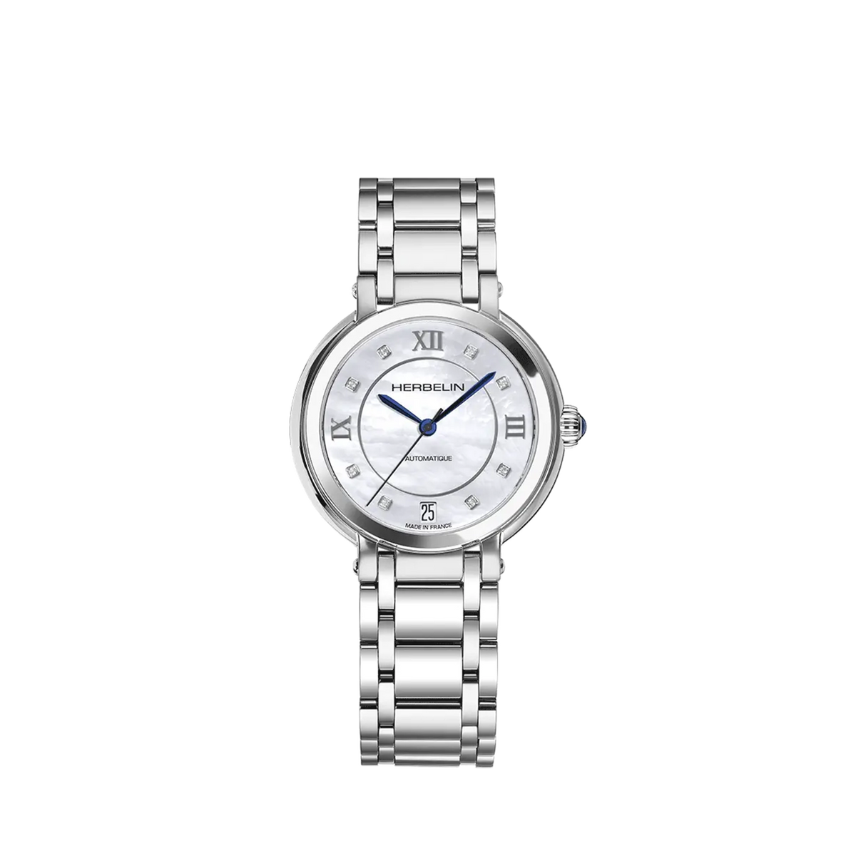 ⁣⁢Galet, esfera nácar blanco, caja acero redonda, brazalete acero⁤⁣