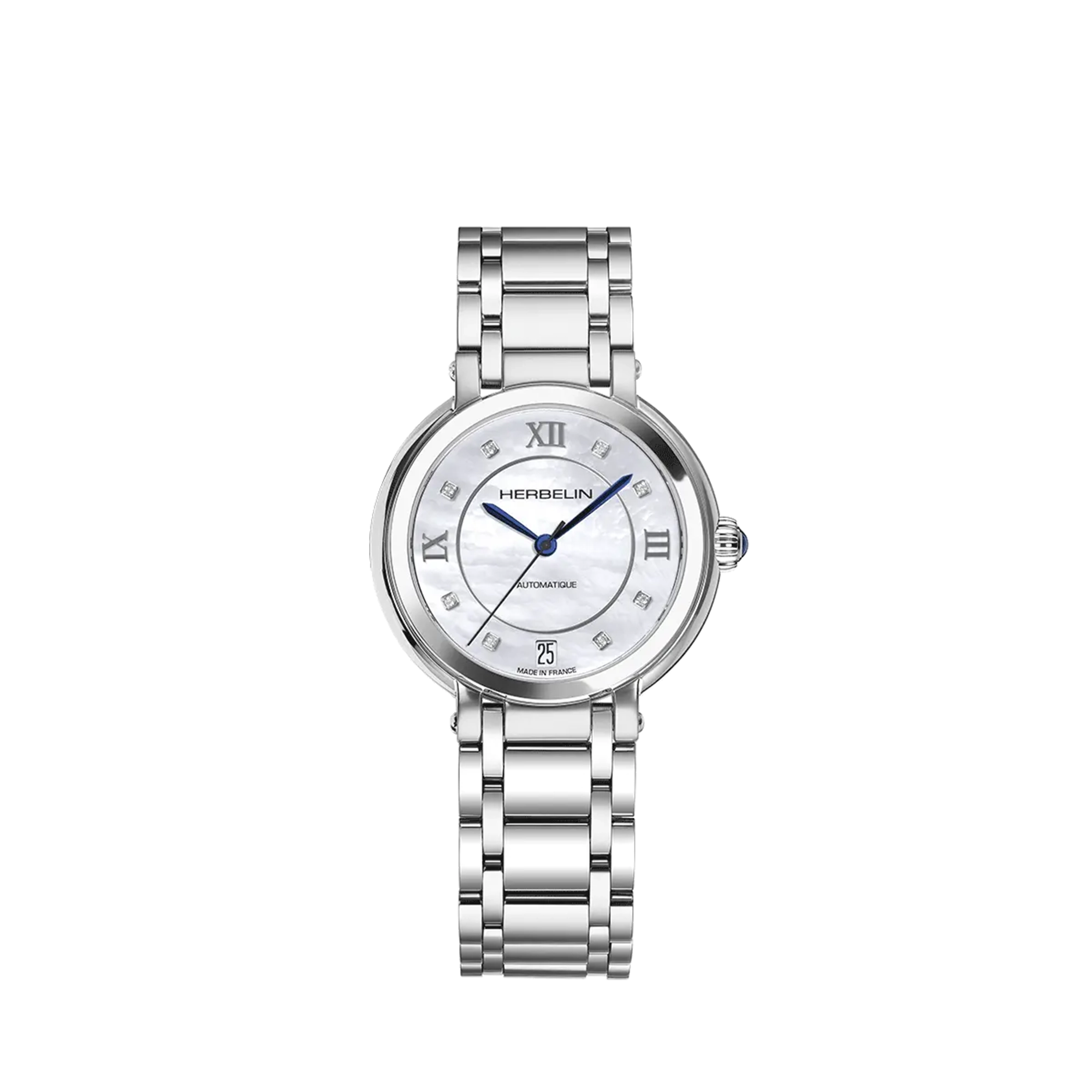 Galet, cadran nacre blanche, boîtier acier rond, bracelet acier