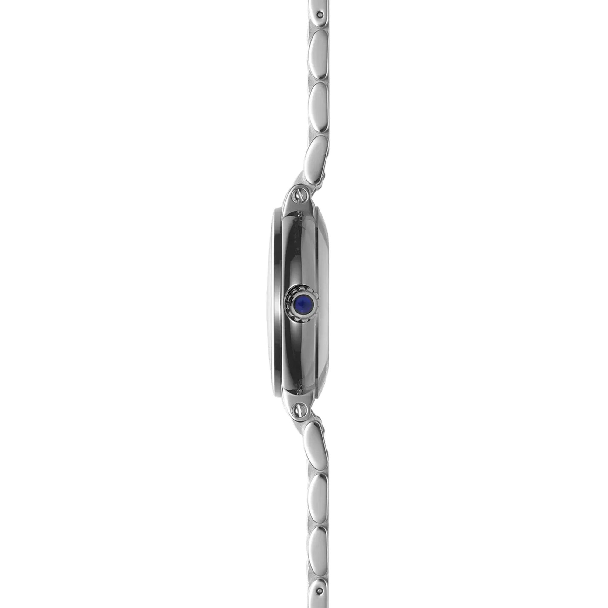 Vue de profil, tranche acier, couronne et attaches du bracelet acier