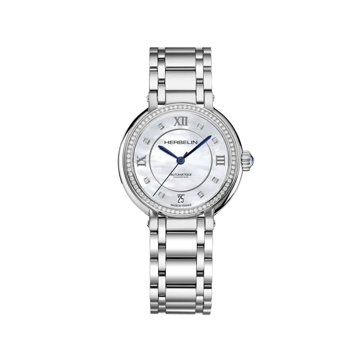 ⁣⁢Galet, esfera nácar blanco, caja acero redonda, brazalete acero⁤⁣