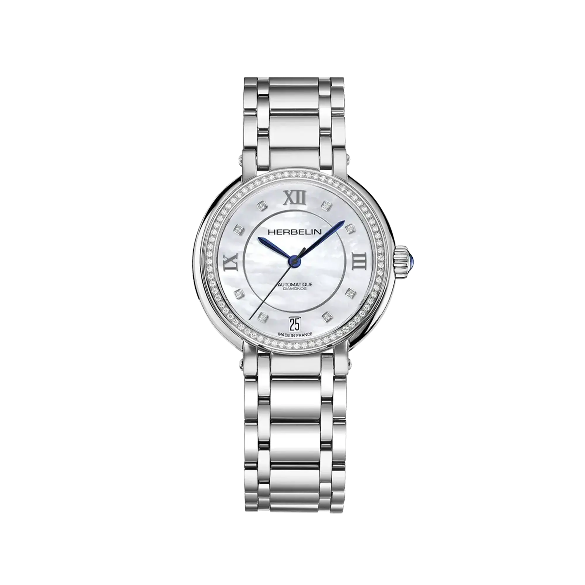 Galet, cadran nacre blanche, boîtier acier rond, bracelet acier