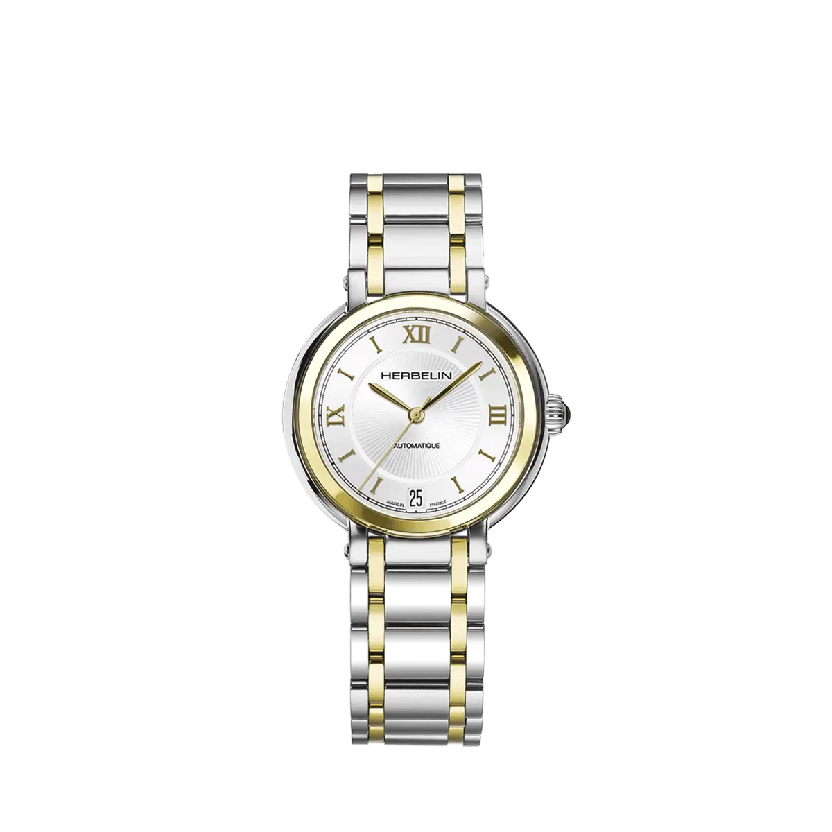 ⁣⁢Galet, esfera plata guilloché, caja acero PVD oro amarillo redonda, brazalete acero bicolor⁤⁣