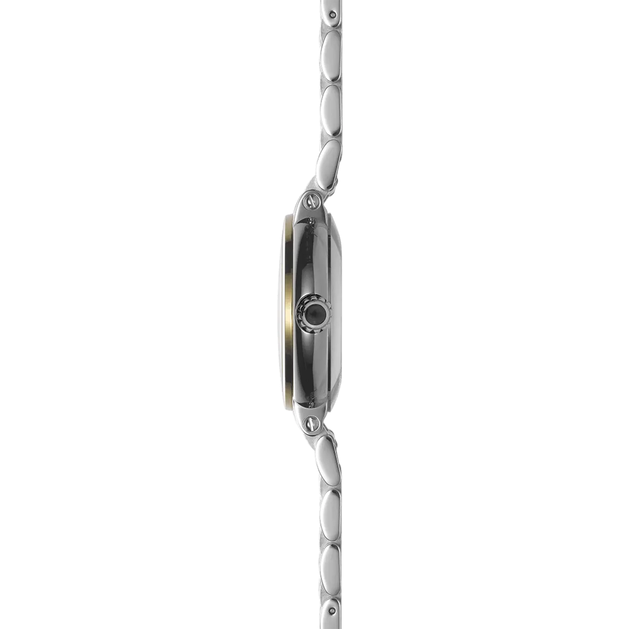 Vue de profil, tranche acier PVD or jaune, couronne et attaches du bracelet acier bicolore