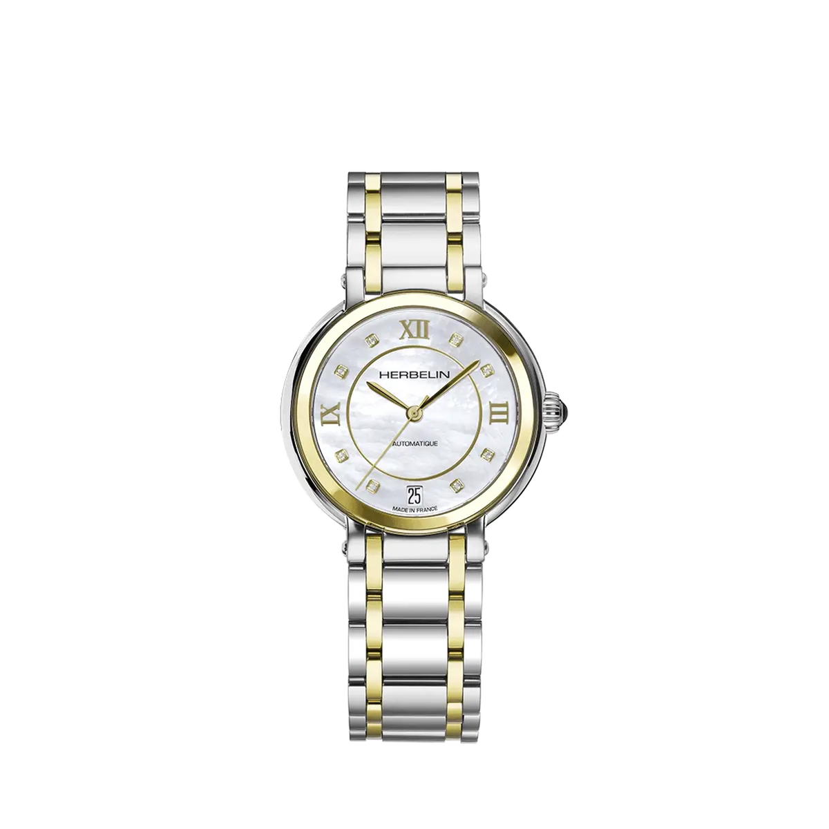 ⁣⁢Galet, esfera nácar blanco, caja acero PVD oro amarillo redonda, brazalete acero bicolor⁤⁣