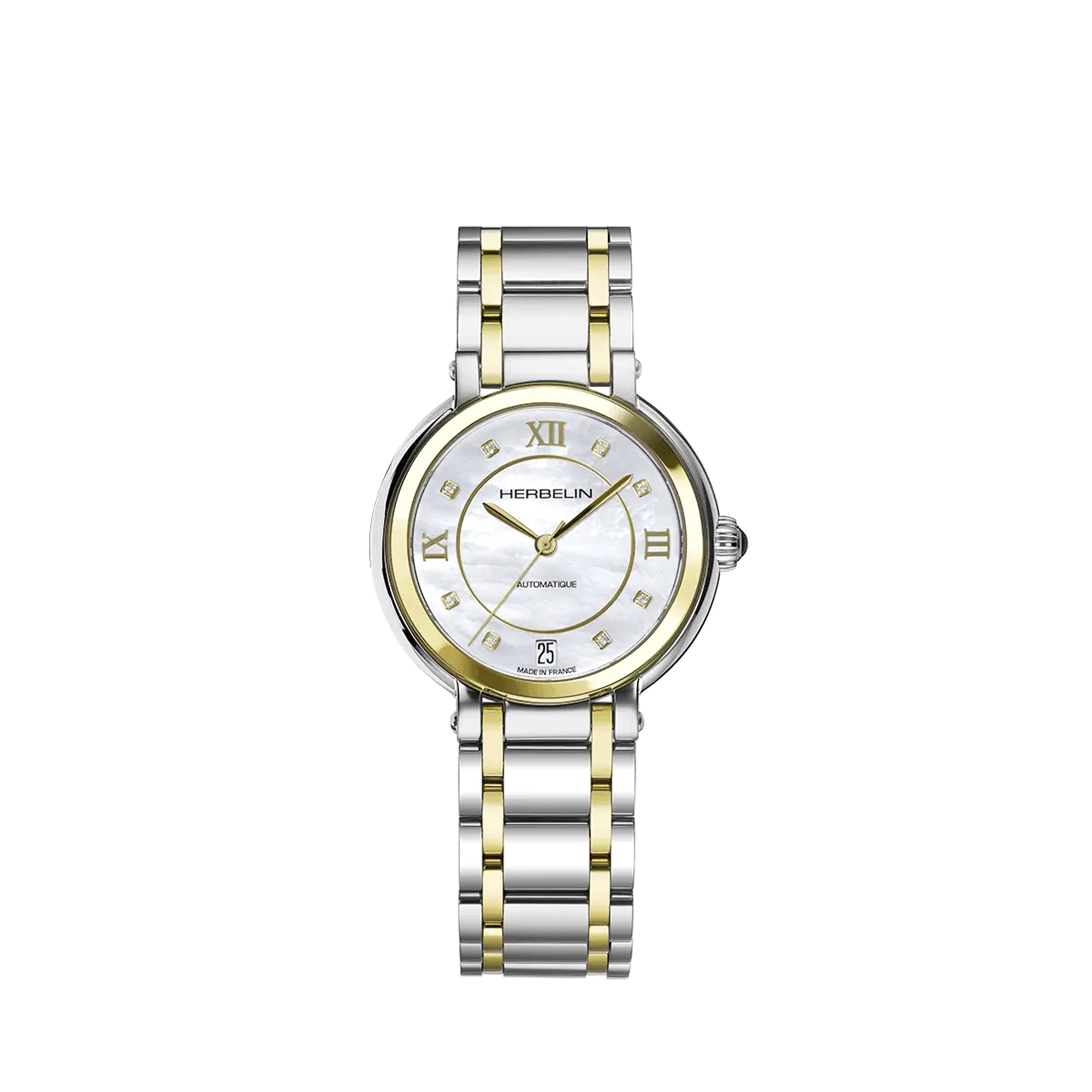 Galet, cadran nacre blanche, boîtier acier PVD or jaune rond, bracelet acier bicolore
